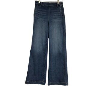 UPWEST - WOMEN'S MEDIUM - BLUE ELASTIC SNAP WAIST COTTON BLEND WIDE LEG JEANS